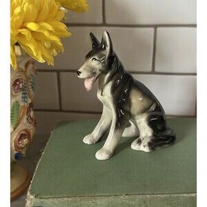 Vintage Sitting German Shepherd Dog Figurine Brown & White Kitsch 1950s Japan